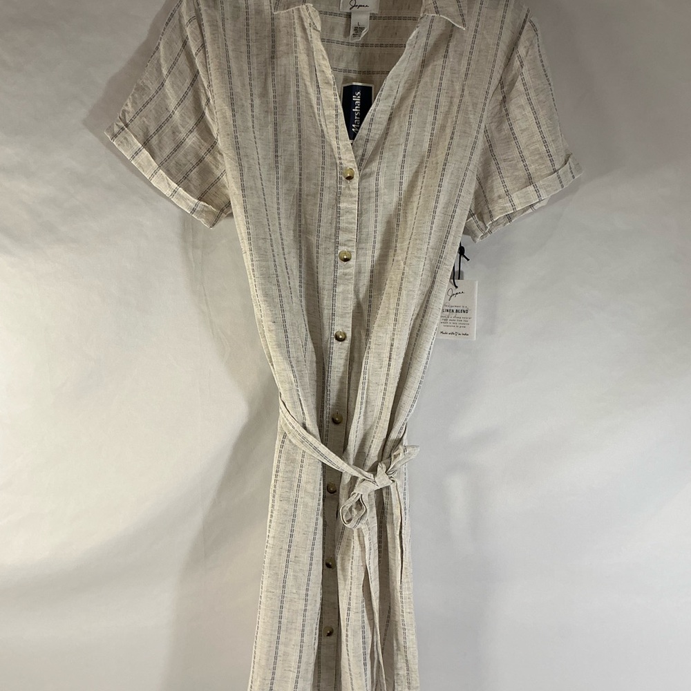 Button-Front Cream Striped Shirt Dress with Tie Waist